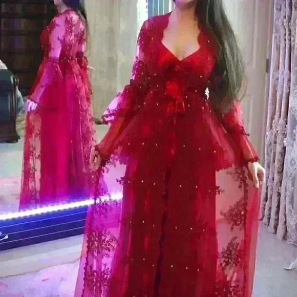 Burgundy Lace and Satin Slip Dress and Robe - Picture 3 of 5